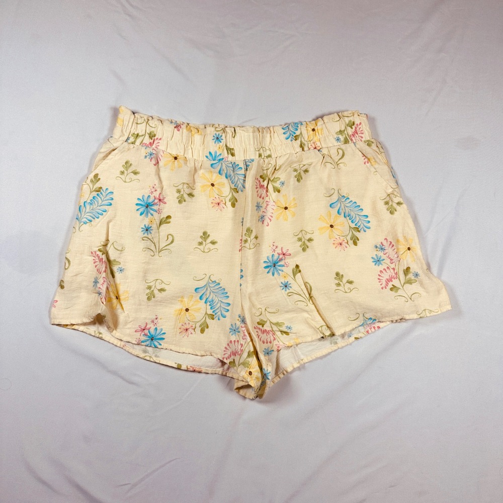 Thirty Thirty LA Floral Shorts Cream Yellow Blue Wildflower Elastic Waist Large